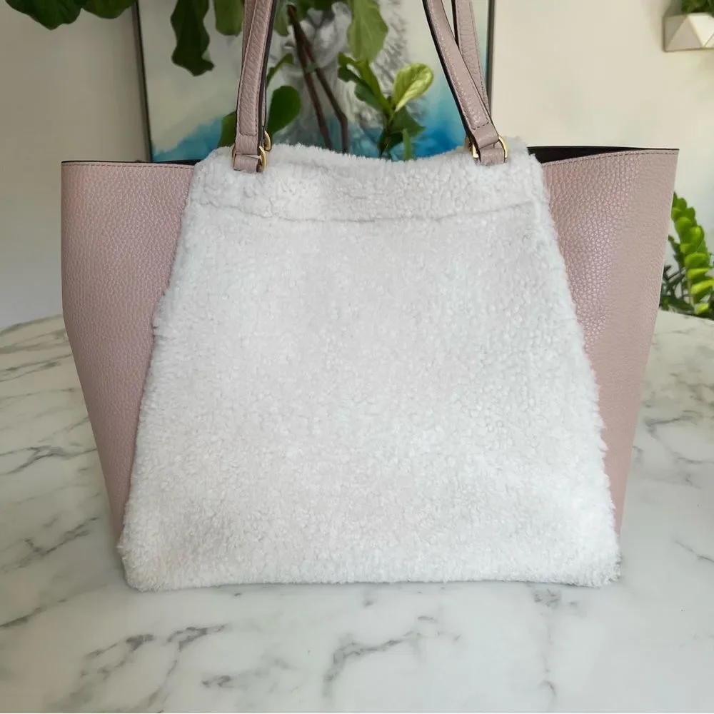 Tory Burch McGraw Shearling Fleece Fur & Leather Tote Bag Sand Beige Pink Ivory